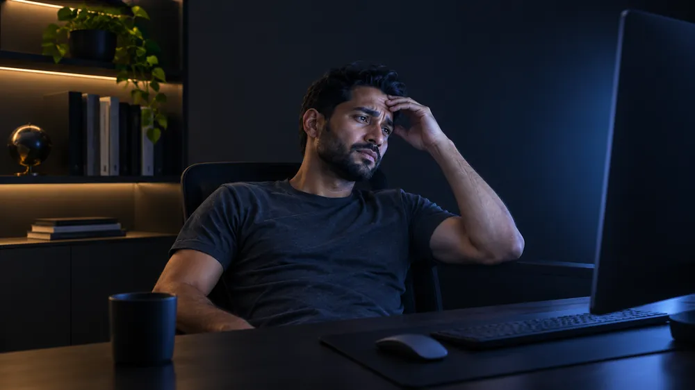 Empreendedor pensativo diante do computador à noite